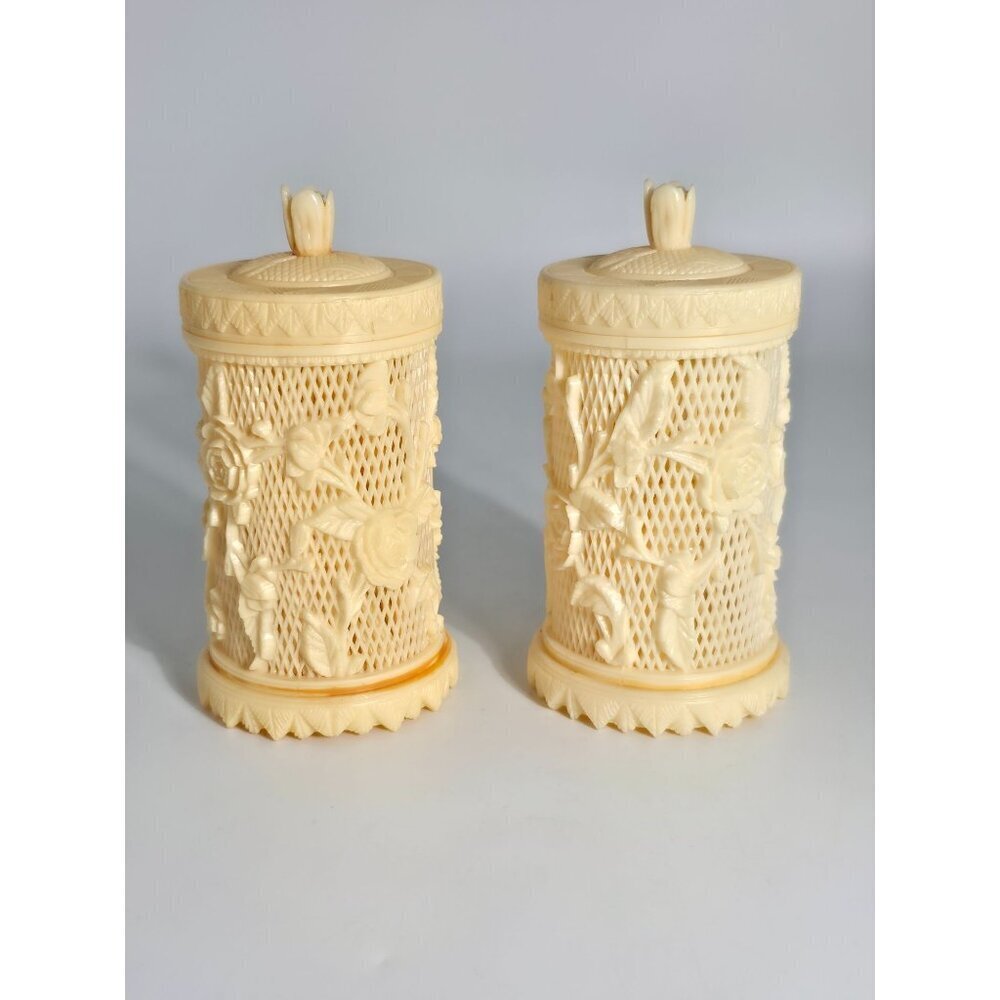 Cream Colored Floral Toothpick Cocktail Fork Holders Matching Picks Set of 2 VTG